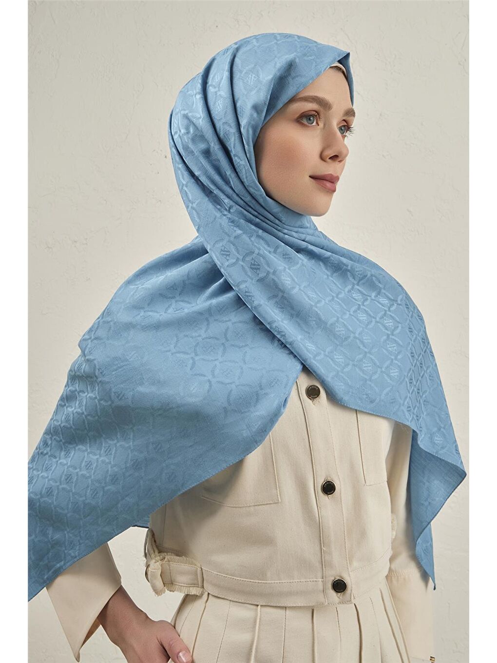 Mavi Pamuk Floş Monogram Zincir Şal 1 25-2