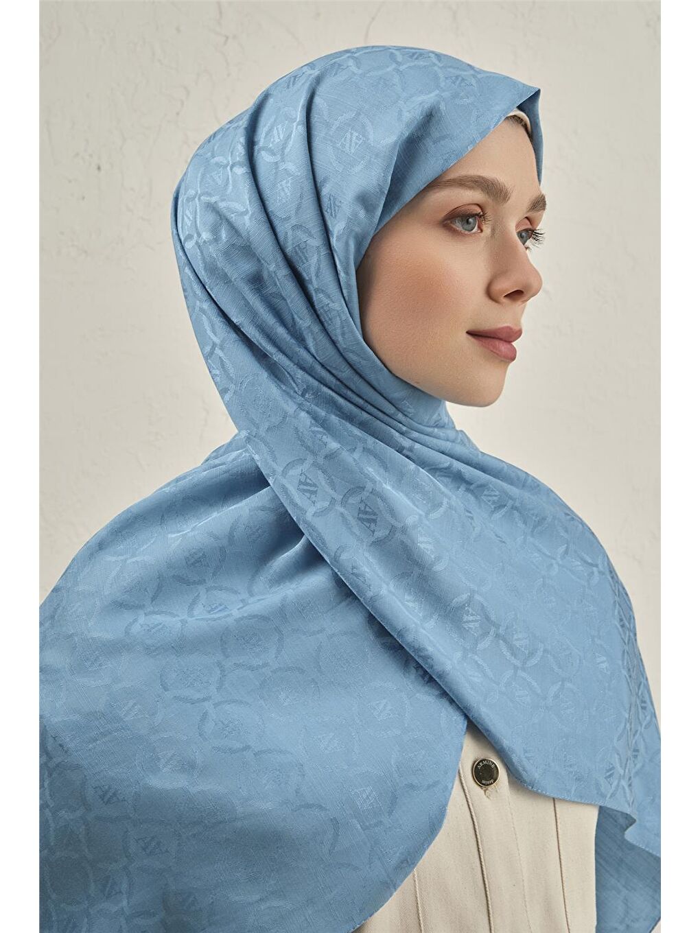 Mavi Pamuk Floş Monogram Zincir Şal 1 25-3