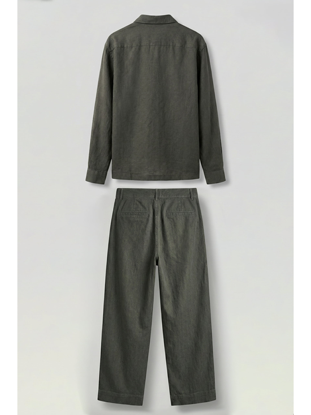 Erkek Bol Kesim Gömlek Pantolon Keten İkili Takım Haki-1