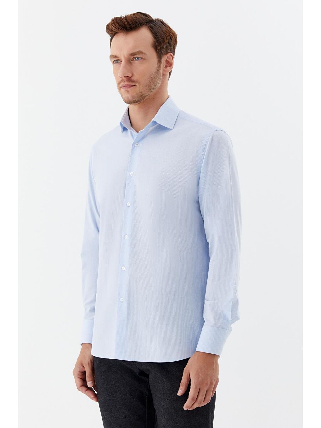 Erkek Açık Mavi Desenli Yarım İtalyan Yaka Regular Fit Gömlek-2