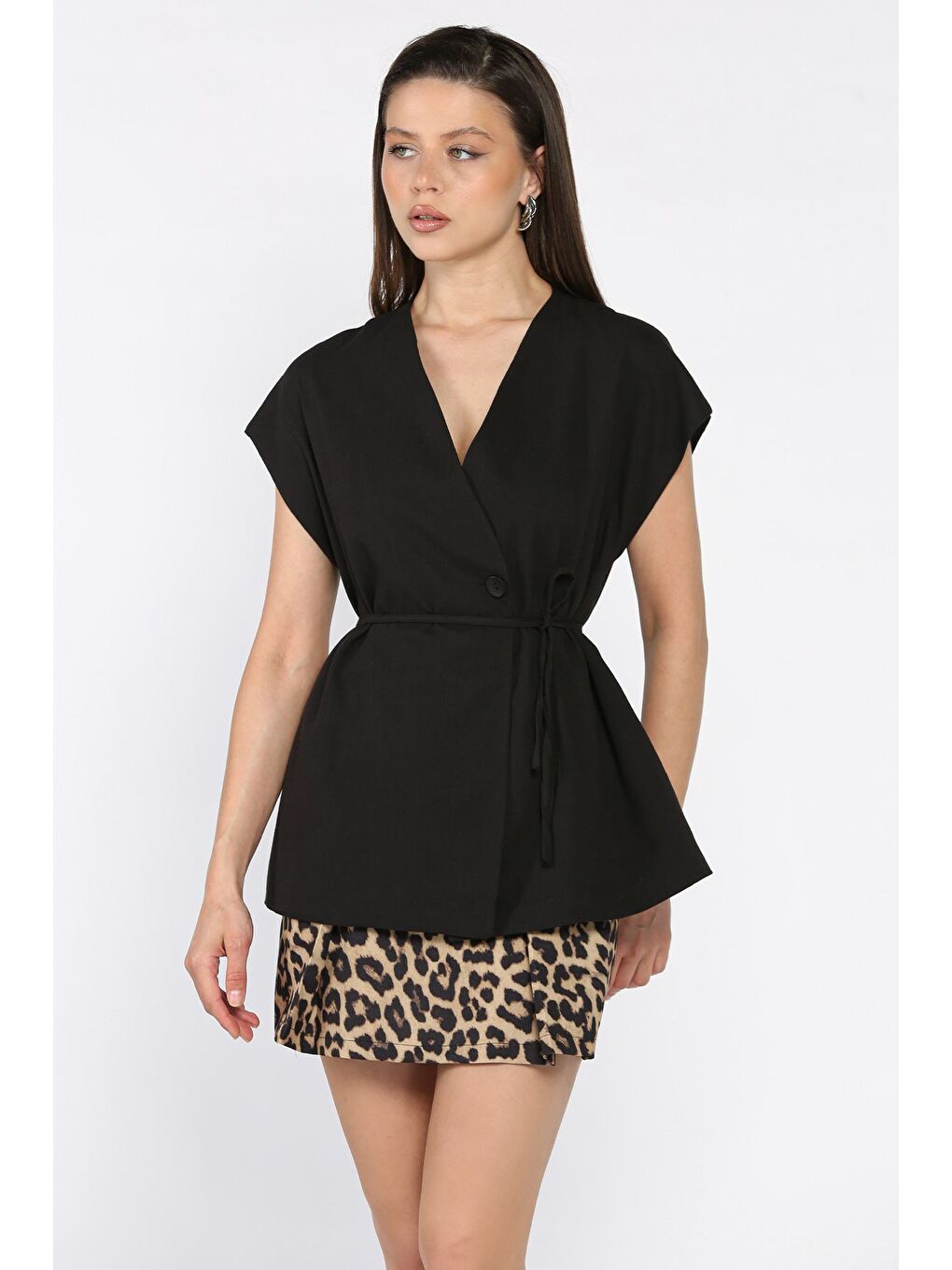 Siyah Kadın Astarlı Keten Yelek