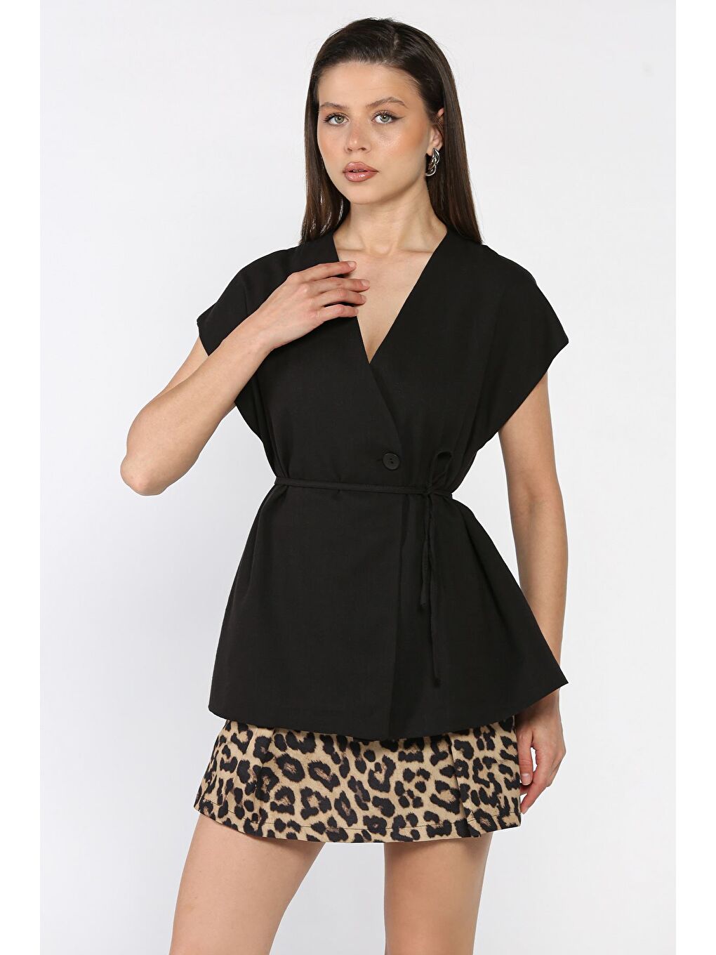 Siyah Kadın Astarlı Keten Yelek-1