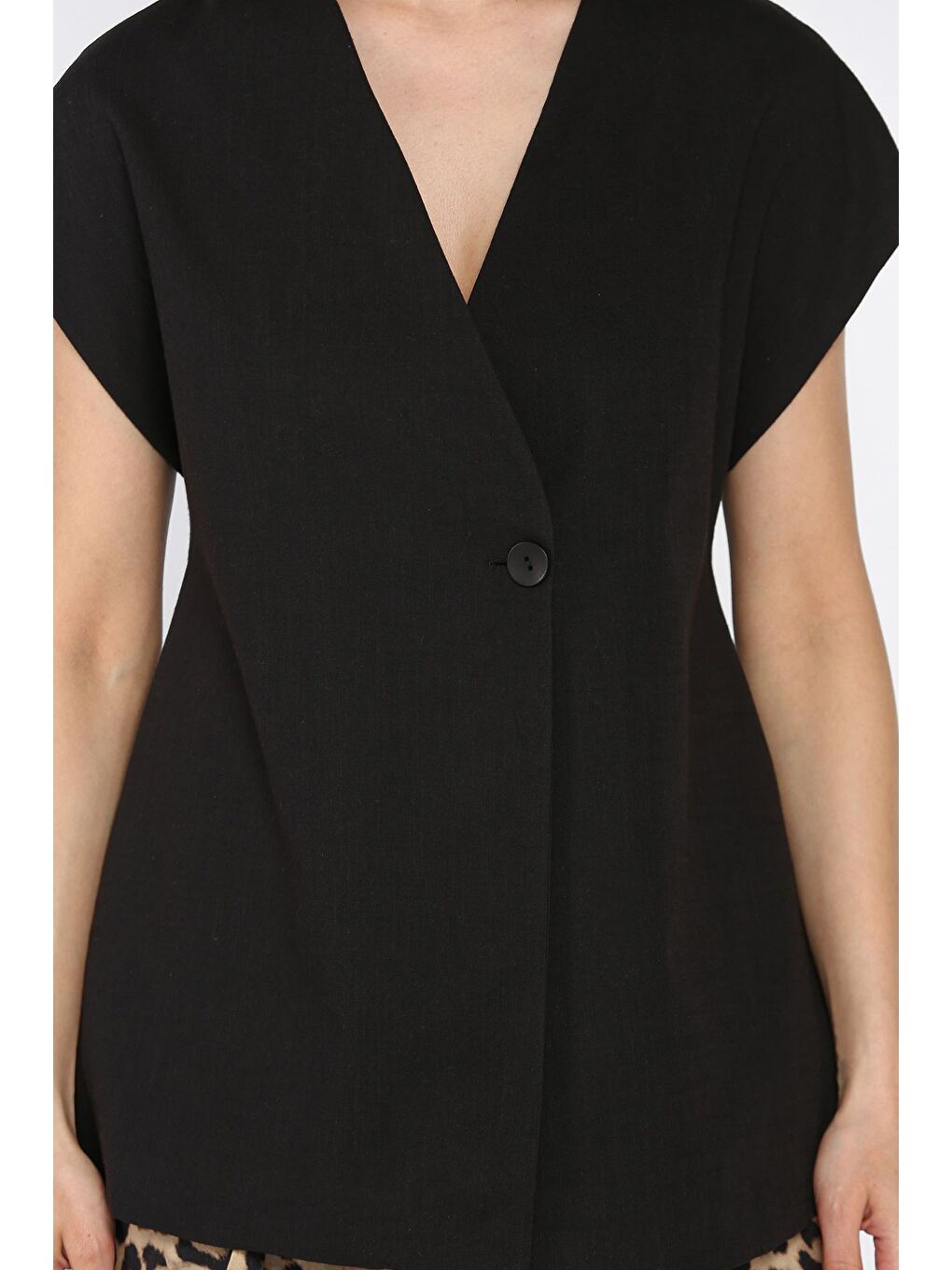 Siyah Kadın Astarlı Keten Yelek-3