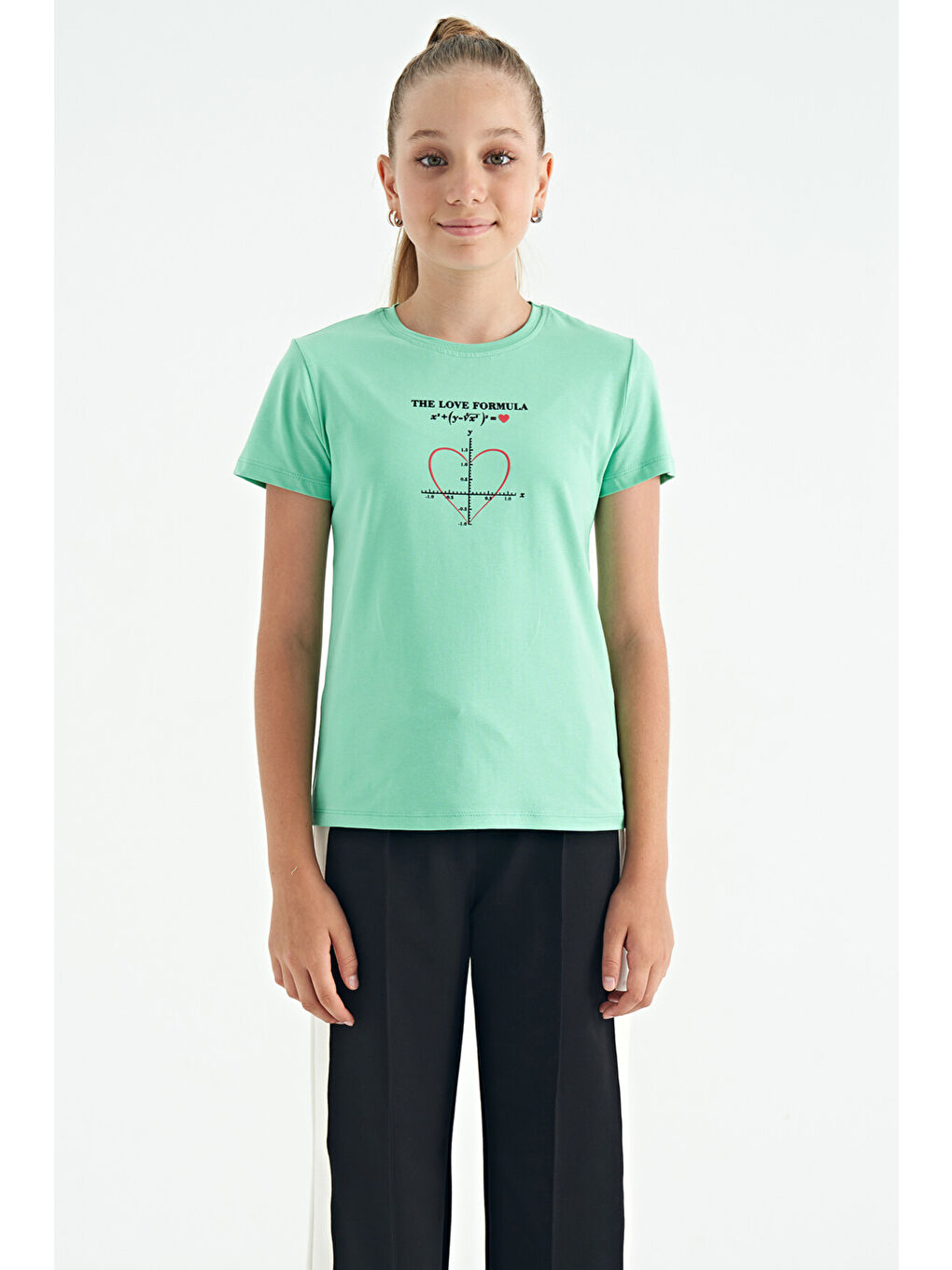 Turkuaz Su Yeşili O Yaka Baskı Detaylı Rahat Kalıp Kız Çocuk Tişört - 75129