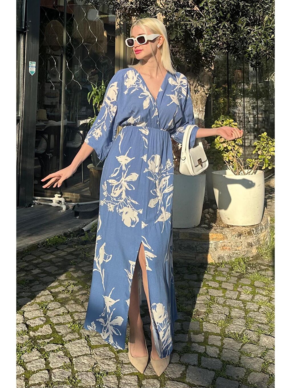 İndigo Desenli Yırtmaç Detaylı Uzun Elbise Mg2324