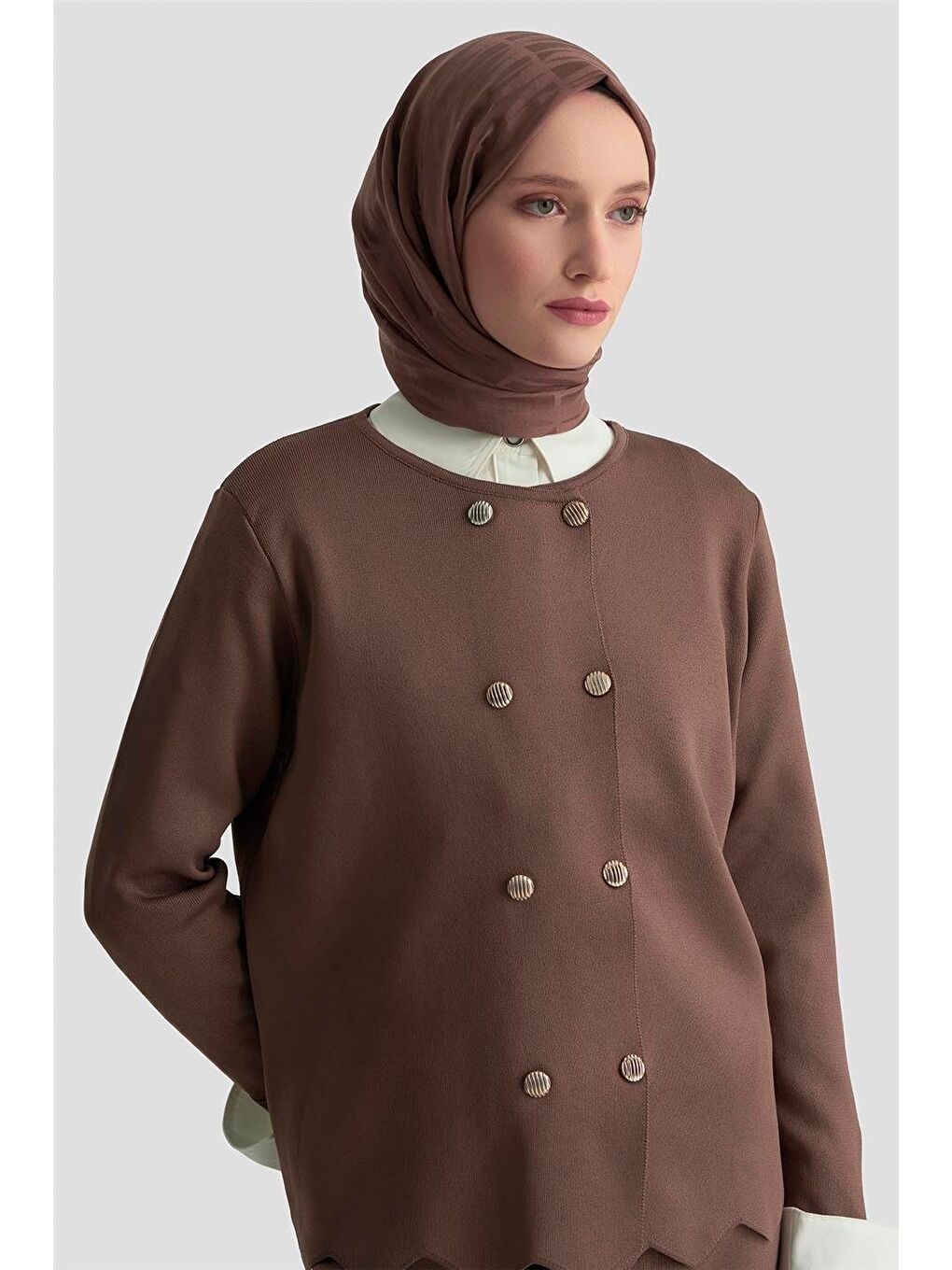 Kahverengi Trend Düğme Detaylı Triko Takım 25Ktd6118 Mocha-2