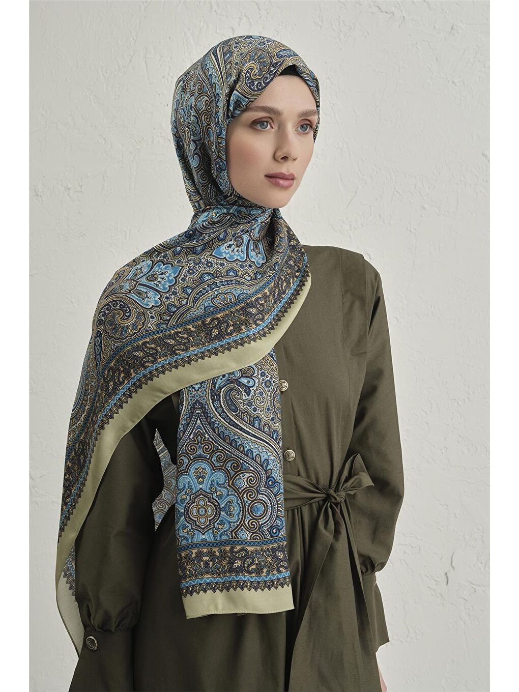 Yeşil Premium Pure Etnik Desen Şal 3 07-1