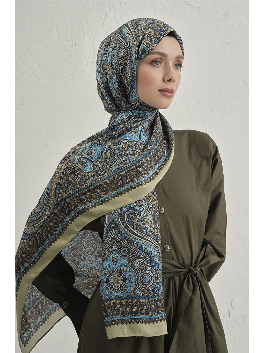 Yeşil Premium Pure Etnik Desen Şal 3 07-3