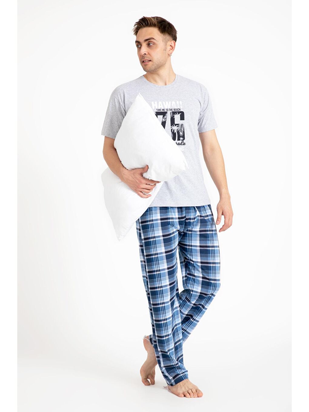 TAMPAP Gri Erkek Baskılı Pijama Takımı Kısa Kollu  2170