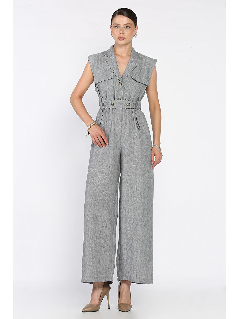 Gri Bel Lastikli Kemerli Keten Tulum