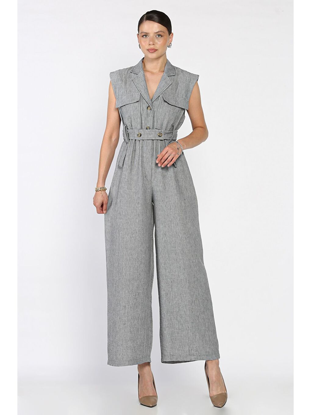 Gri Bel Lastikli Kemerli Keten Tulum-1