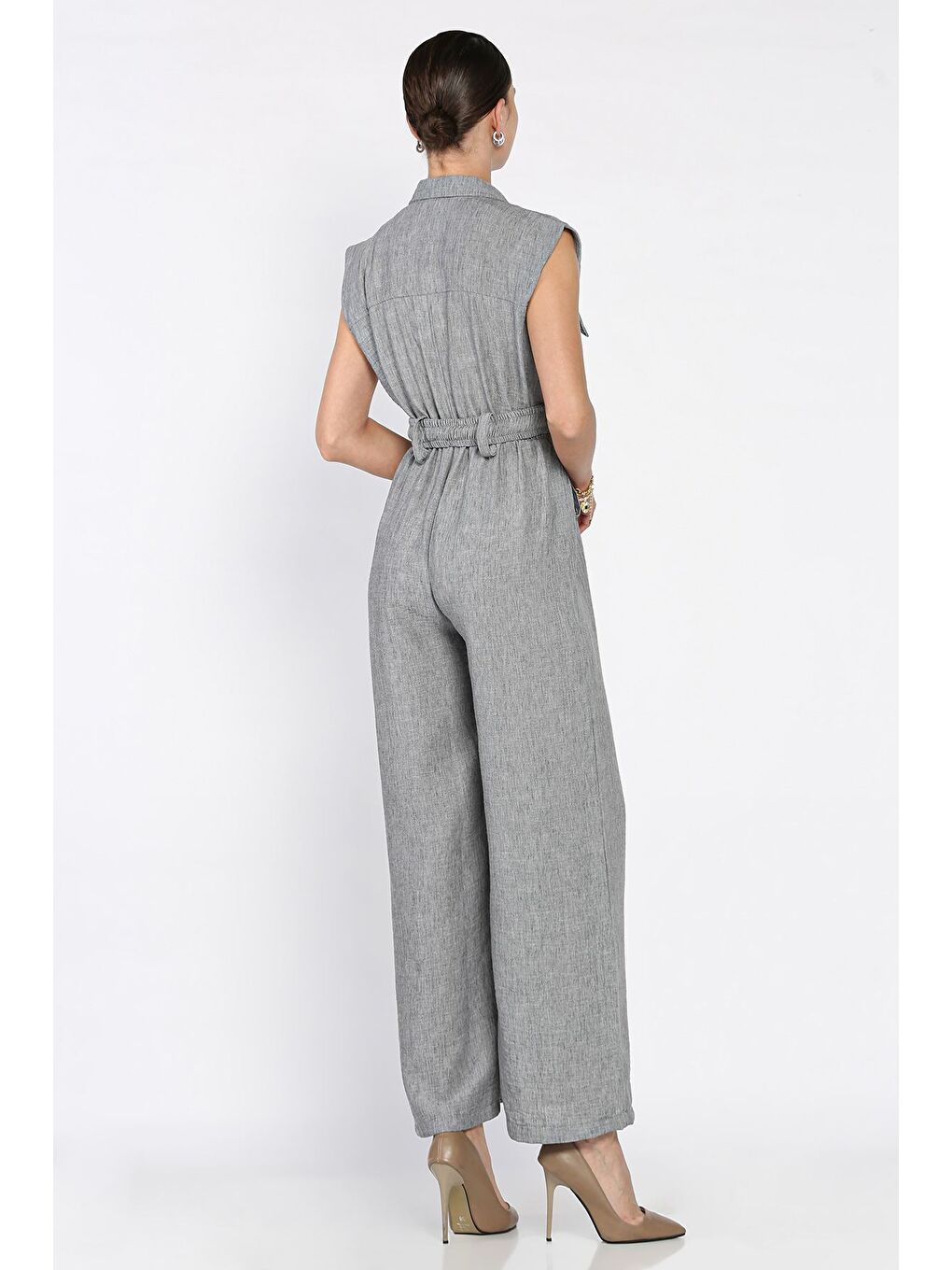 Gri Bel Lastikli Kemerli Keten Tulum-2