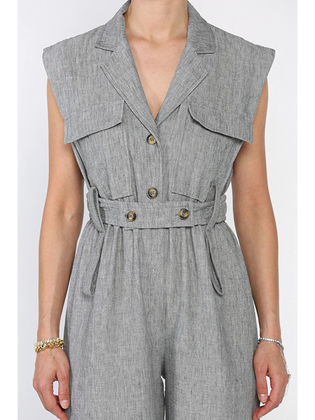 Gri Bel Lastikli Kemerli Keten Tulum-3