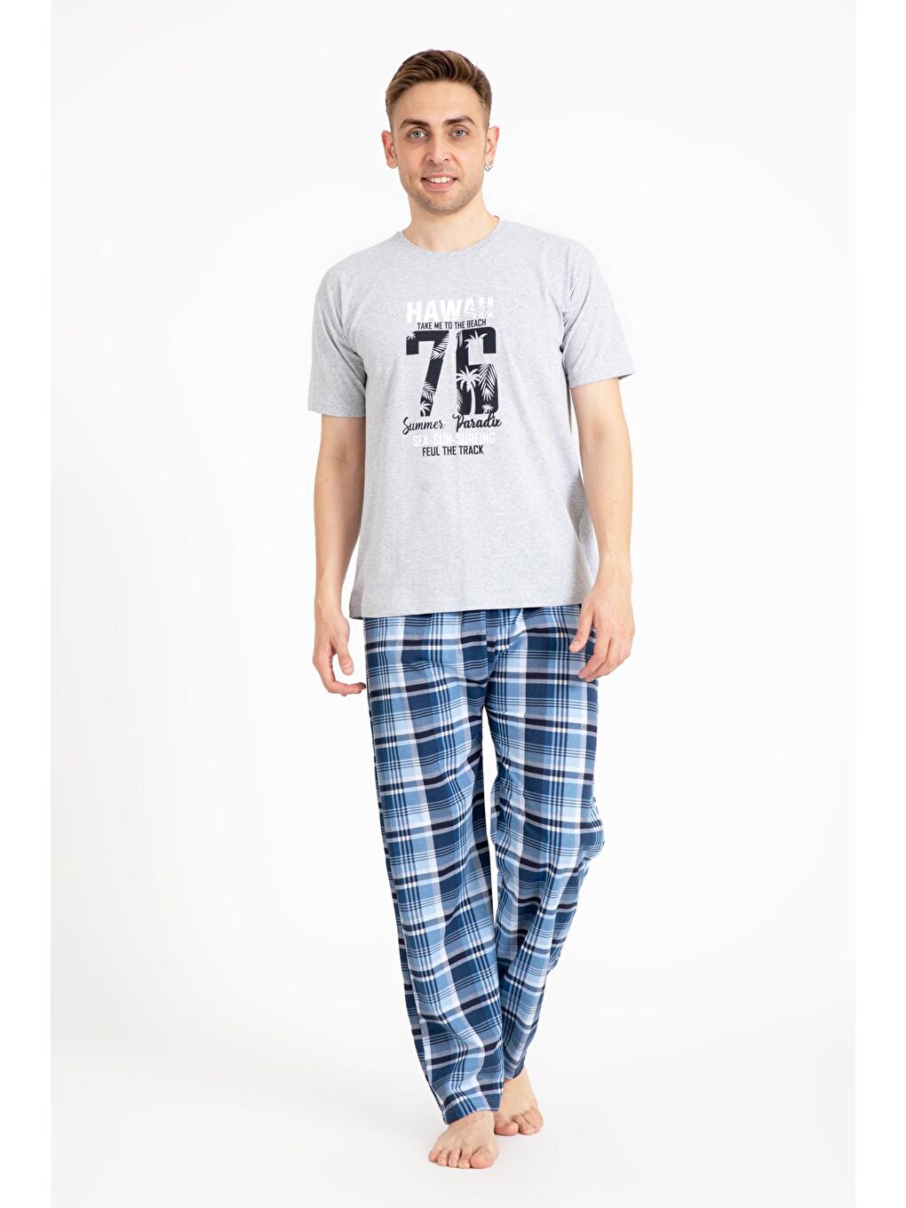 TAMPAP Gri Erkek Baskılı Pijama Takımı Kısa Kollu  2170 - 1