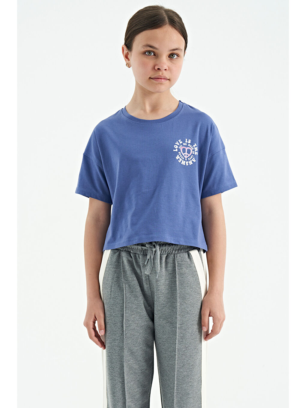 Mor Açık Eflatun Ön Arka Baskılı O Yaka Düşük Omuz Oversize Kısa Kollu Kız Çocuk Tişört - 75126