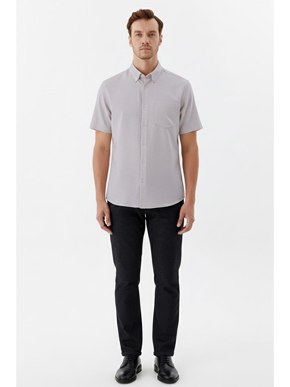 Erkek Bordo Kısa Kollu Pamuk Gömlek – Düz, Düğmeli Yaka, Regular Fit-1