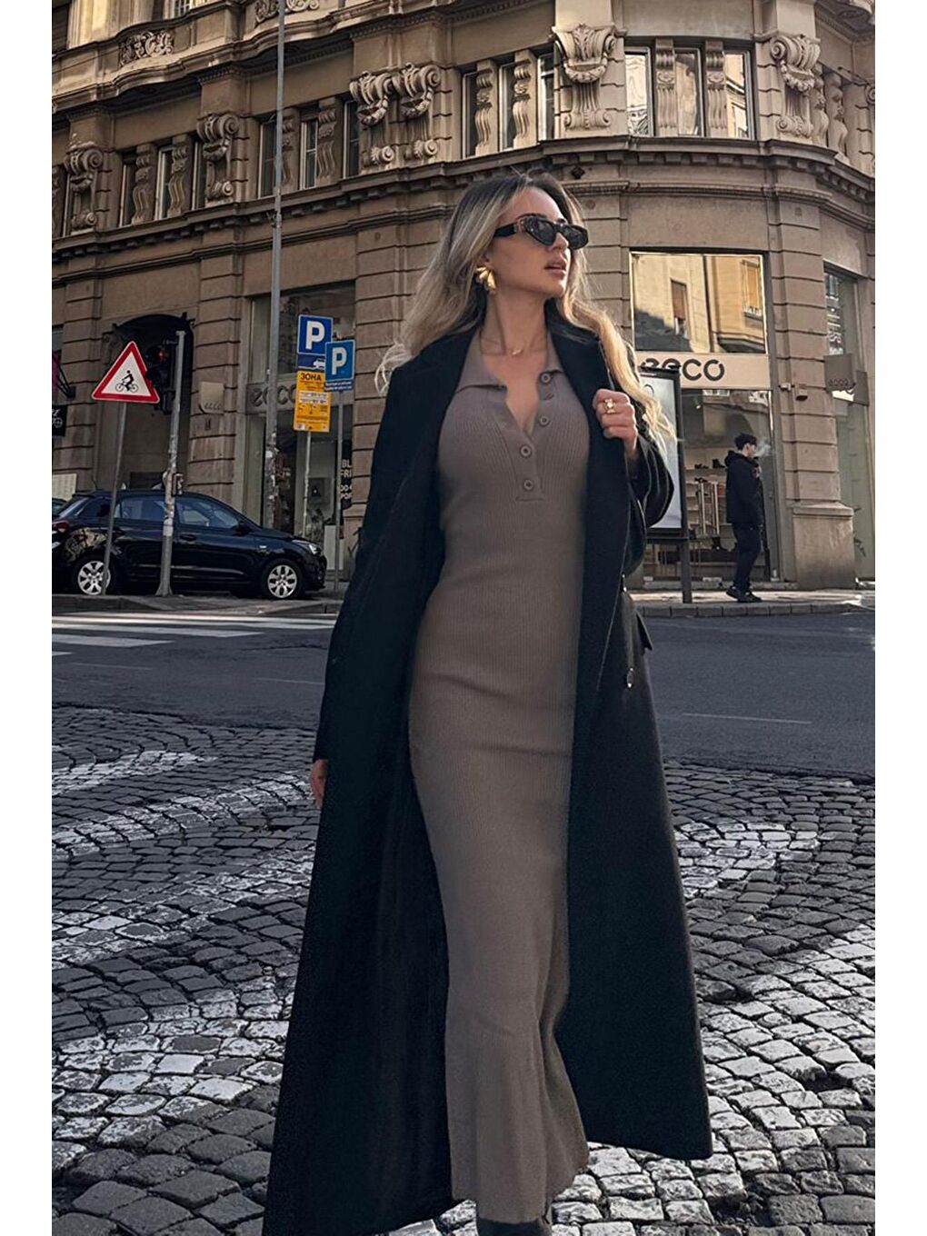 Bej Vizon Yandan Yırtmaçlı Polo Yaka Kadın Triko Elbise Mg1480-2