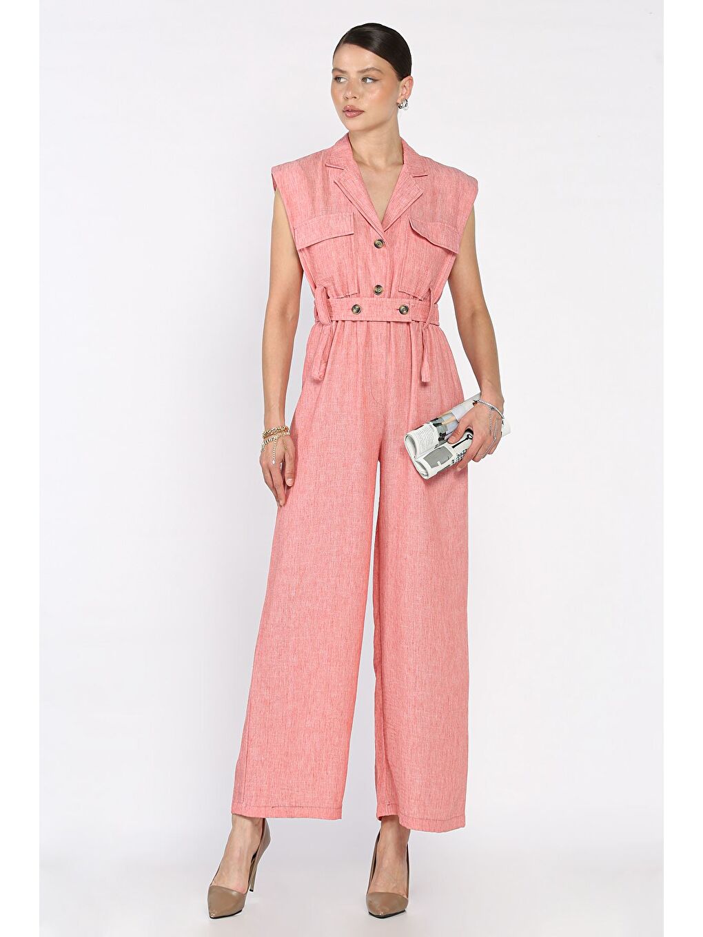 Pembe Bel Lastikli Kemerli Keten Tulum