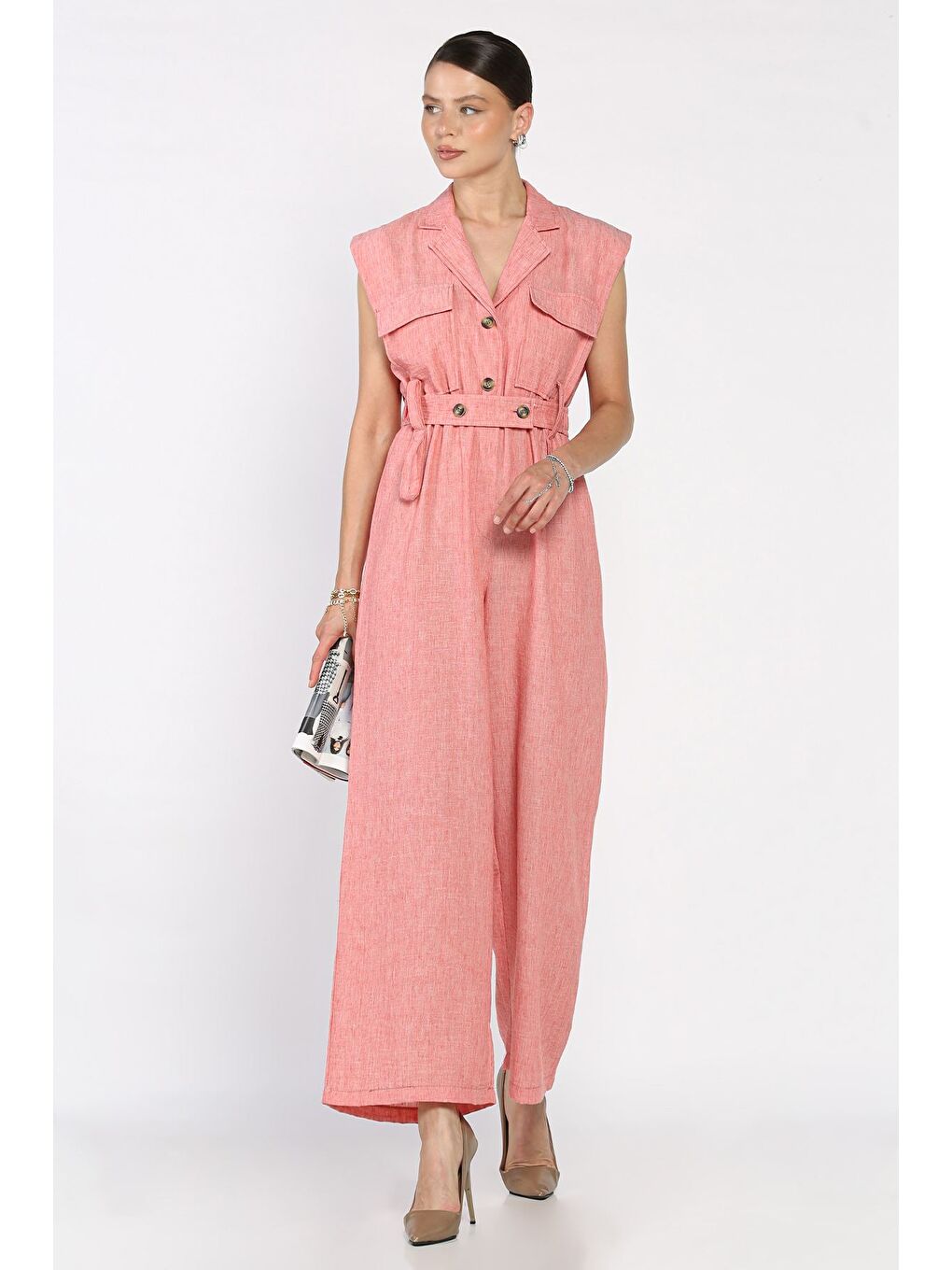 Pembe Bel Lastikli Kemerli Keten Tulum-1