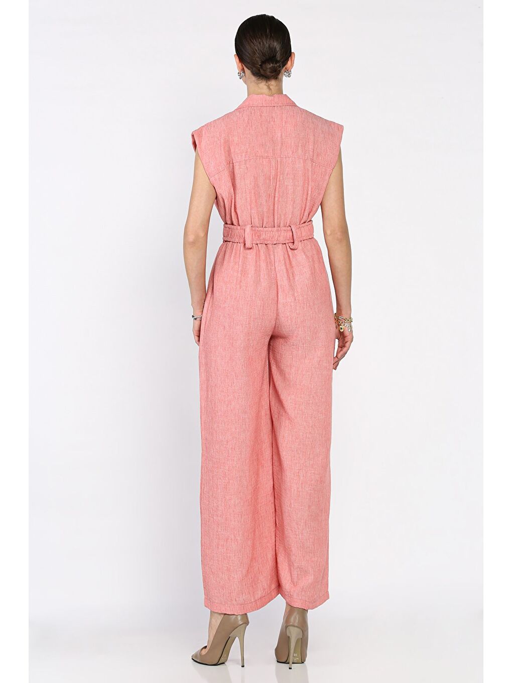 Pembe Bel Lastikli Kemerli Keten Tulum-2