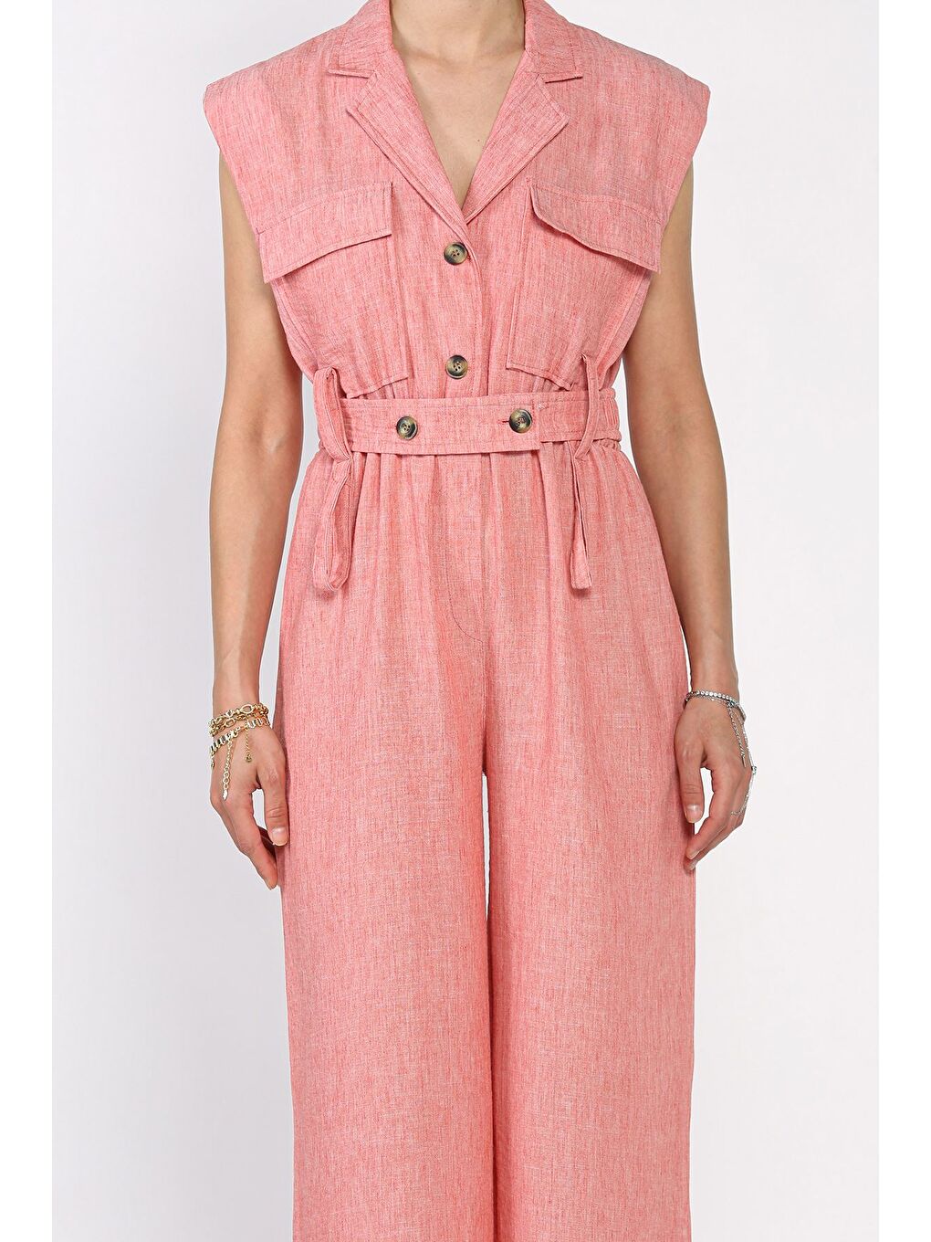 Pembe Bel Lastikli Kemerli Keten Tulum-3