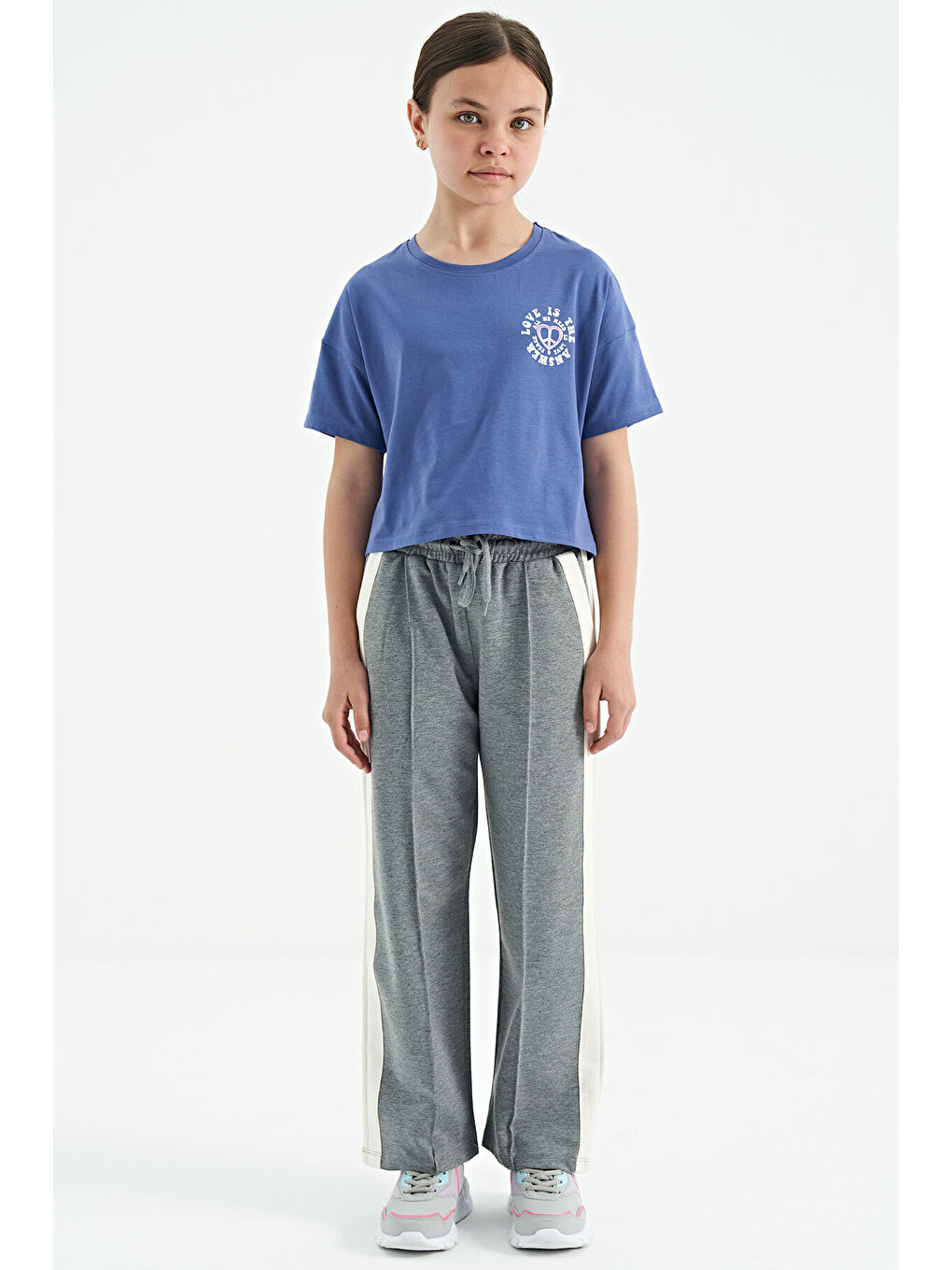 Mor Açık Eflatun Ön Arka Baskılı O Yaka Düşük Omuz Oversize Kısa Kollu Kız Çocuk Tişört - 75126-2