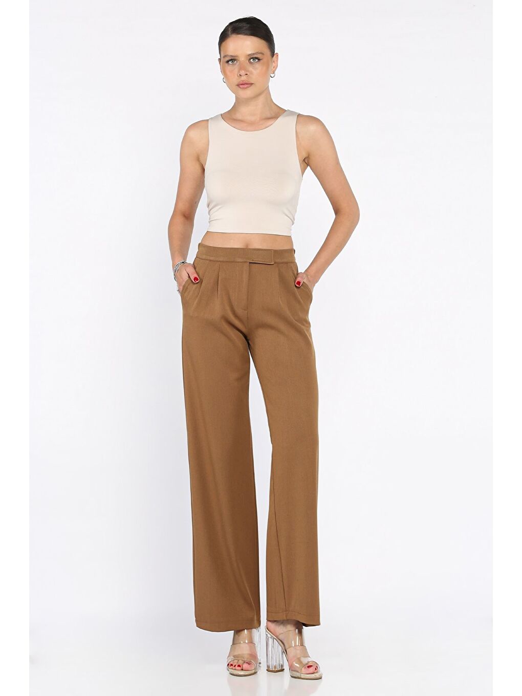 Kahverengi Kadın Bel Lastikli Cırtlı Palazzo Pantolon