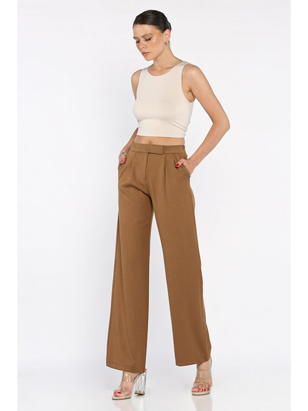 Kahverengi Kadın Bel Lastikli Cırtlı Palazzo Pantolon-1