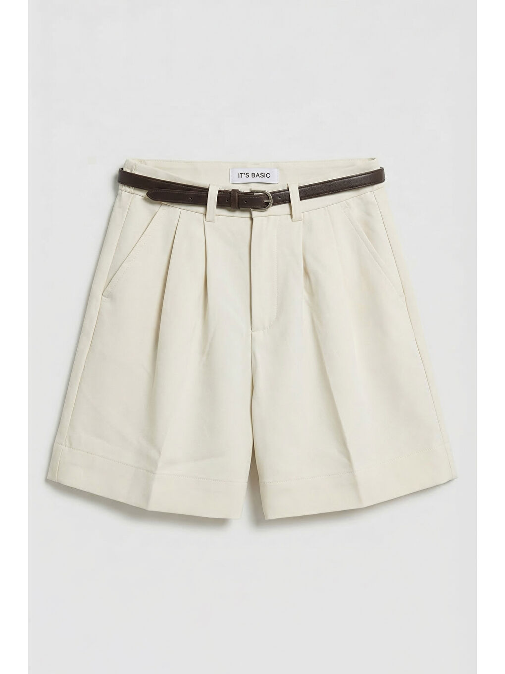 Ekru Kadın Kırık Beyaz w5 Kemerli Pileli Organik Pamuk Kumaş Midi Boy Şort-1