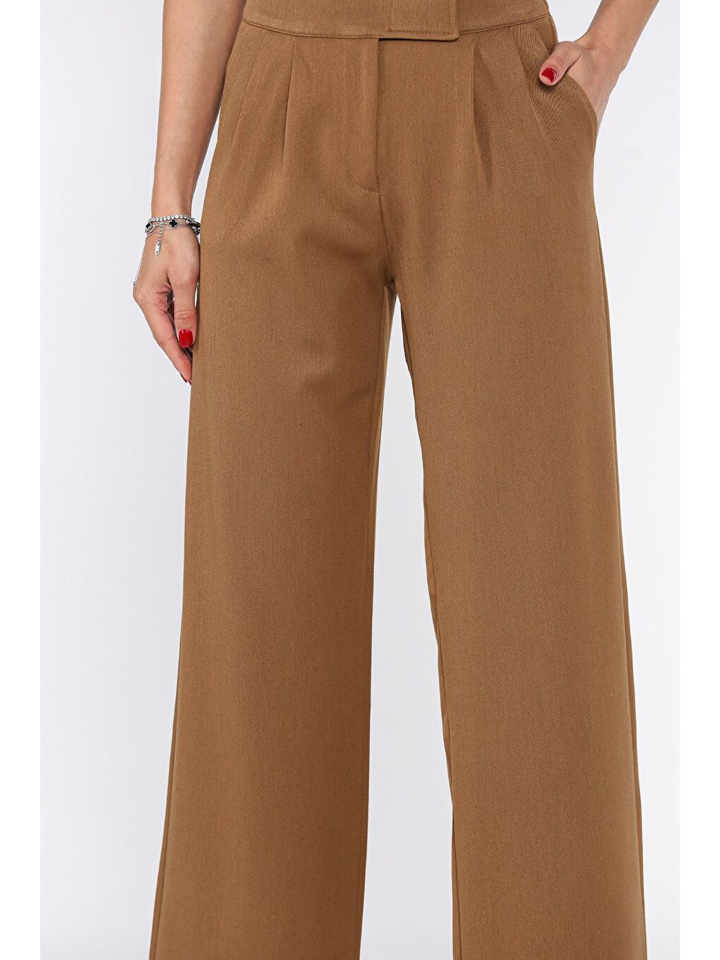 Kahverengi Kadın Bel Lastikli Cırtlı Palazzo Pantolon-2