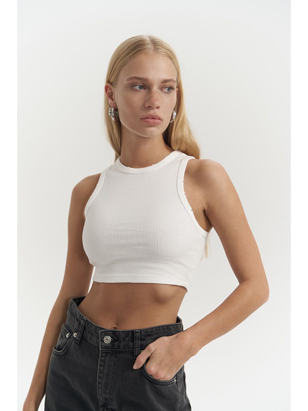 Mai Collection Shoulder Beyaz Yıkamalı Fitilli Crop