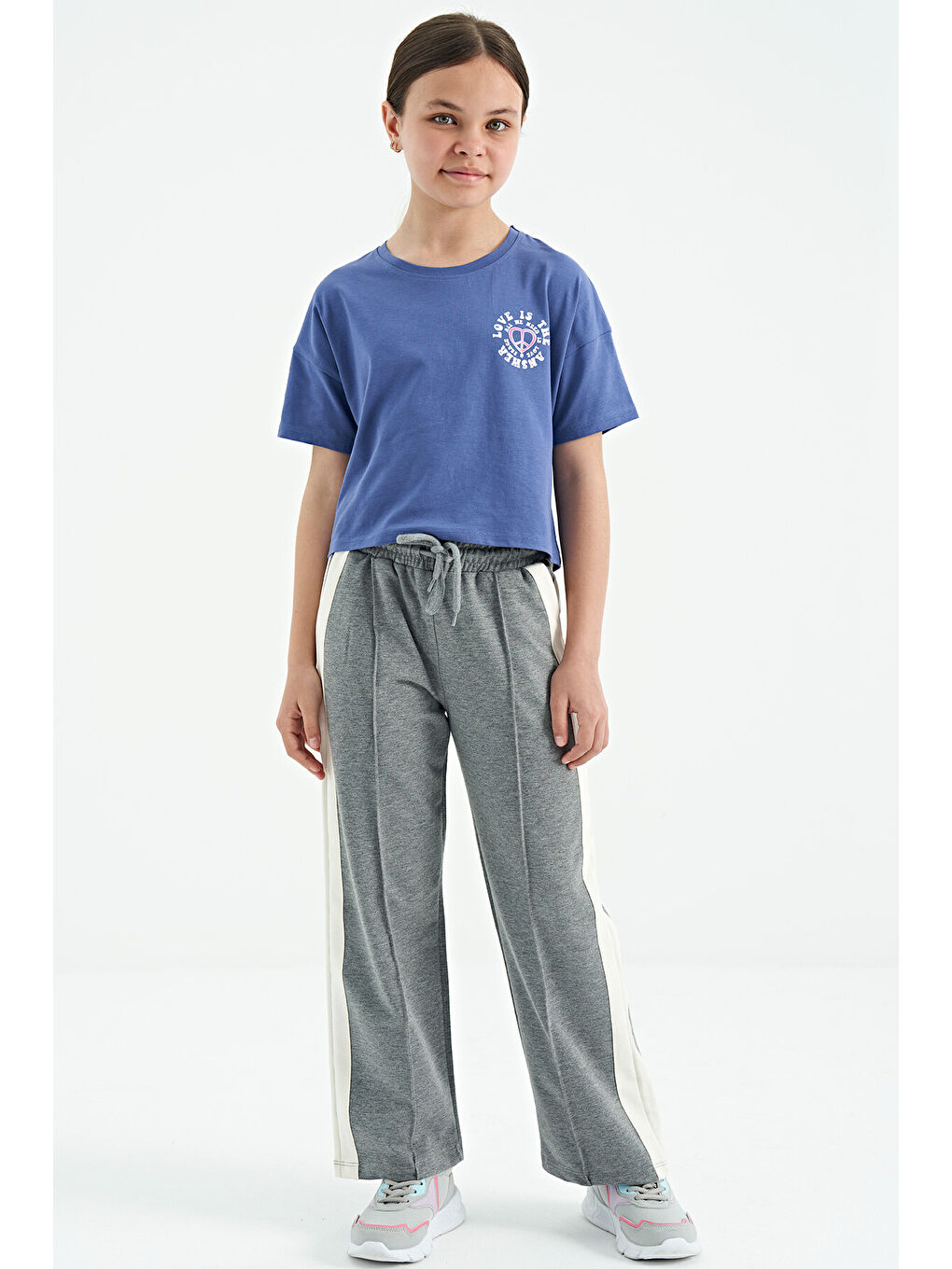 Mor Açık Eflatun Ön Arka Baskılı O Yaka Düşük Omuz Oversize Kısa Kollu Kız Çocuk Tişört - 75126-6