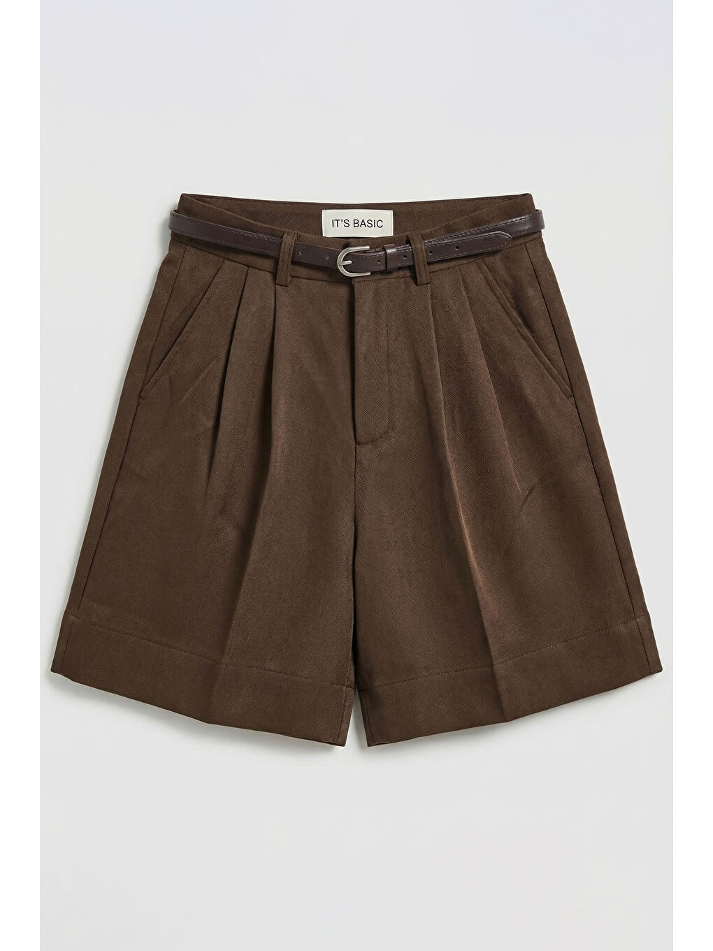 Kahverengi Kadın Kahve w5 Kemerli Pileli Organik Pamuk Kumaş Midi Boy Şort-1