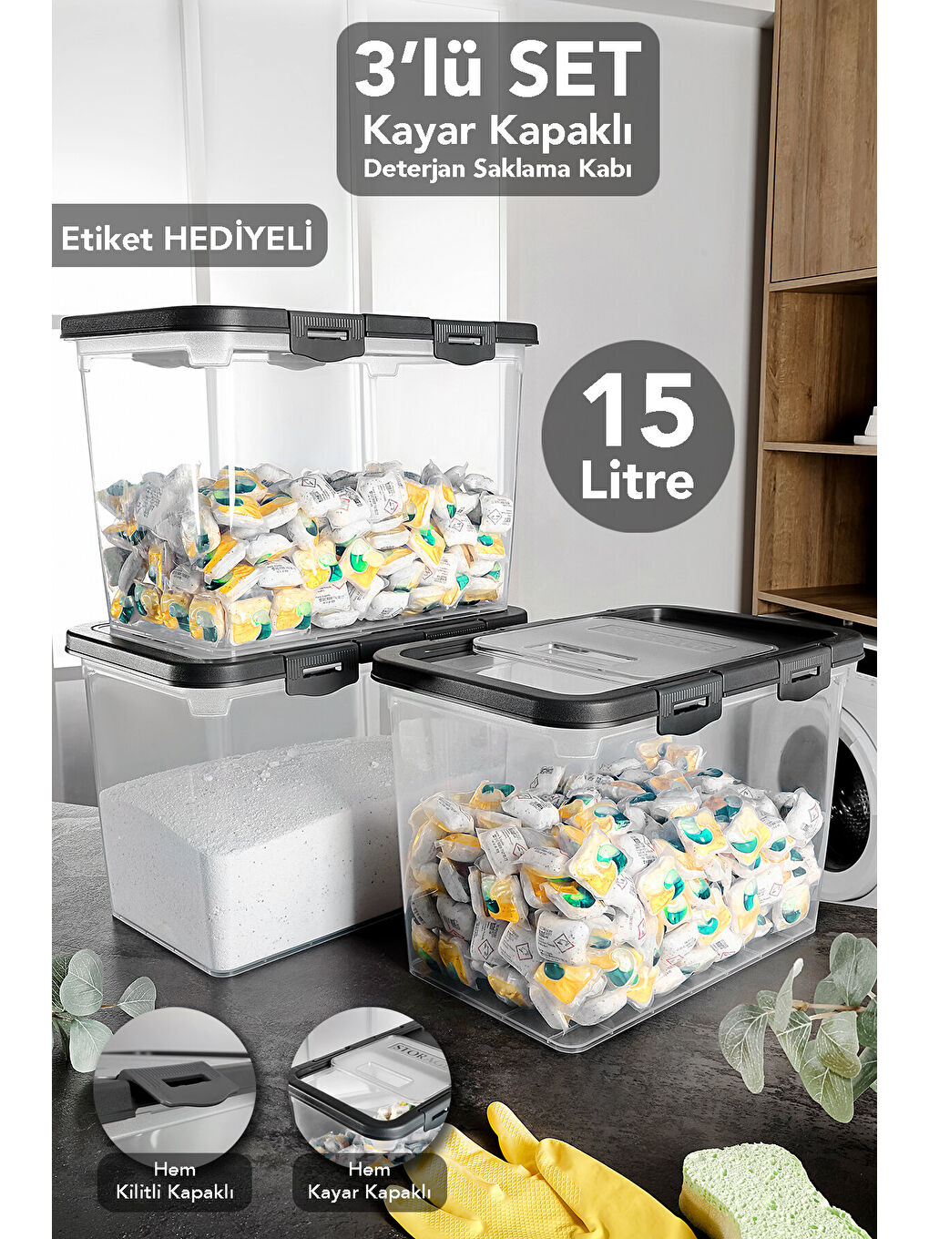 Gri 3'lü Etiketli Sürgülü Kilitli Deterjan Saklama Kutusu 15 l