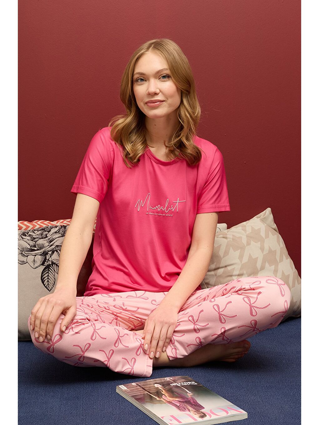 Fuşya Çizgili Kalpli Bisiklet Yaka Pijama Takımı-1