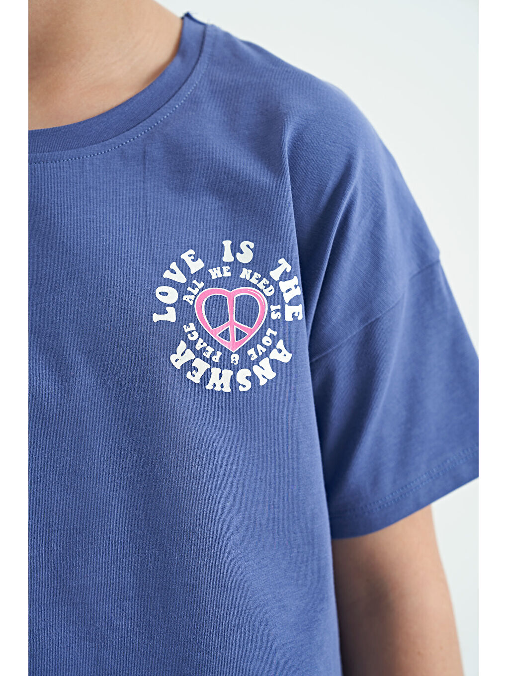 Mor Açık Eflatun Ön Arka Baskılı O Yaka Düşük Omuz Oversize Kısa Kollu Kız Çocuk Tişört - 75126-8