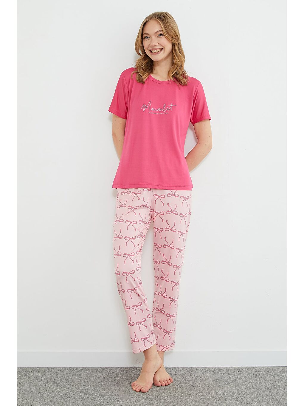 Fuşya Çizgili Kalpli Bisiklet Yaka Pijama Takımı-2