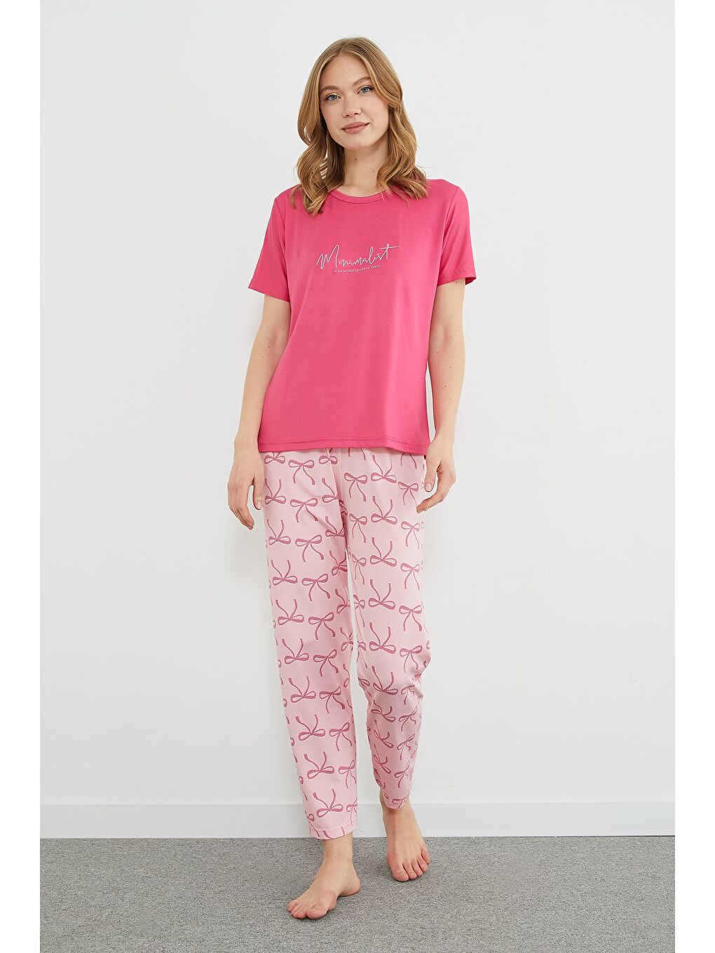 Fuşya Çizgili Kalpli Bisiklet Yaka Pijama Takımı-3