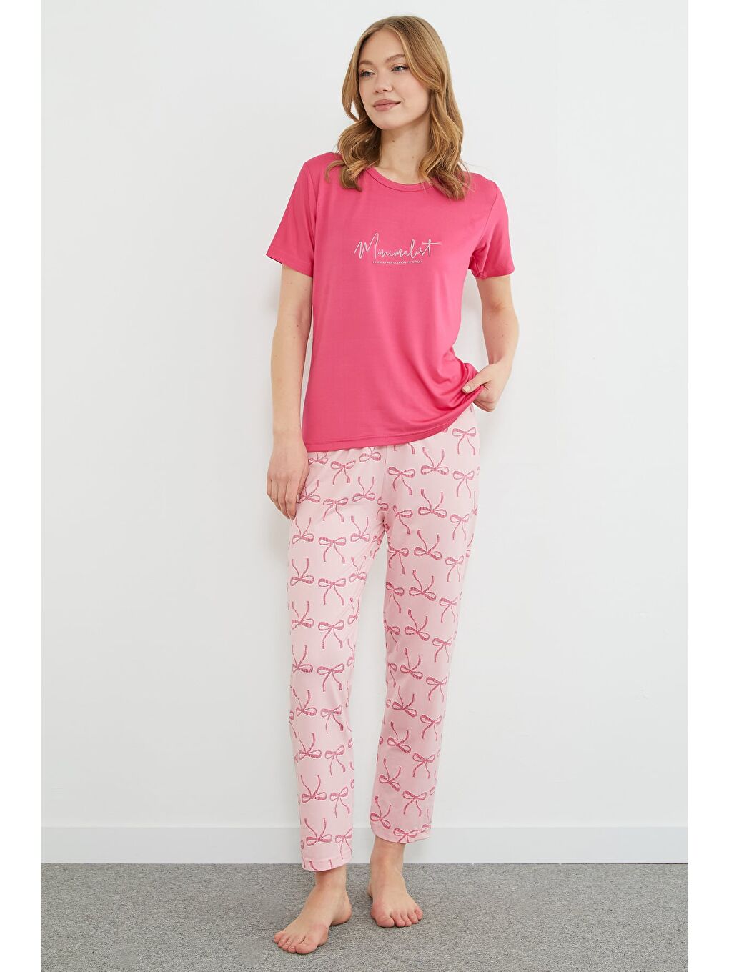 Fuşya Çizgili Kalpli Bisiklet Yaka Pijama Takımı-4