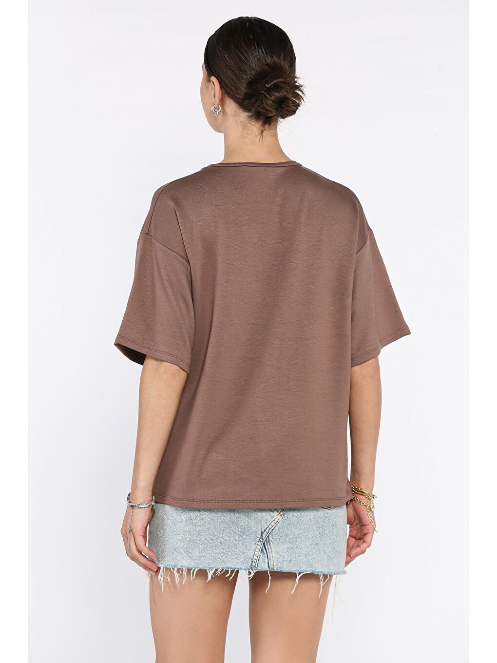 Kahverengi Kadın V Yaka Basic Tişört-2