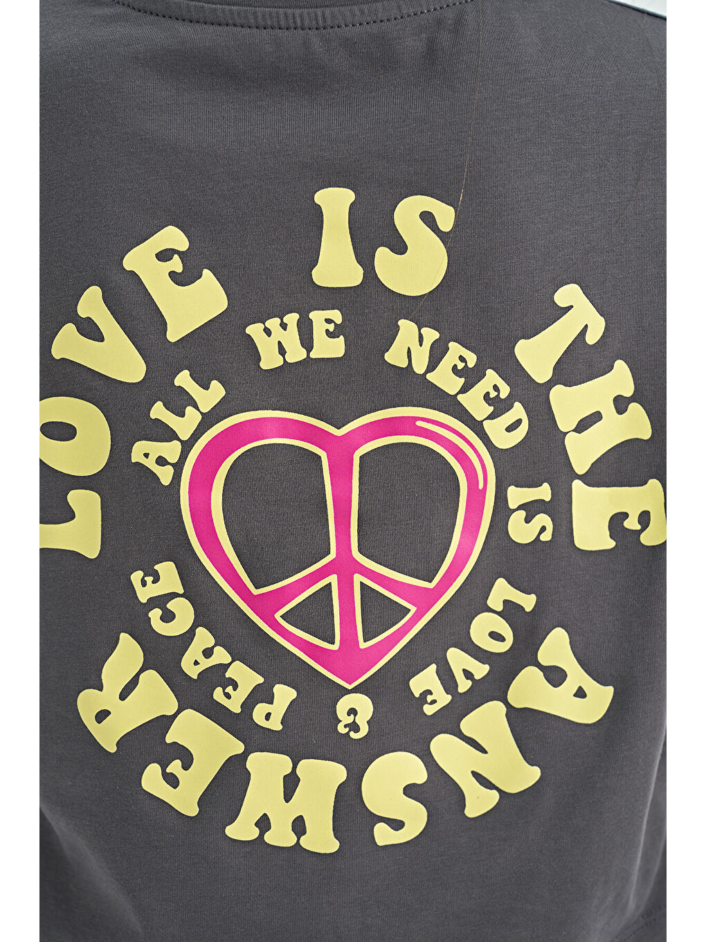 Koyu Gri Ön Arka Baskılı O Yaka Düşük Omuz Oversize Kısa Kollu Kız Çocuk Tişört - 75126-8