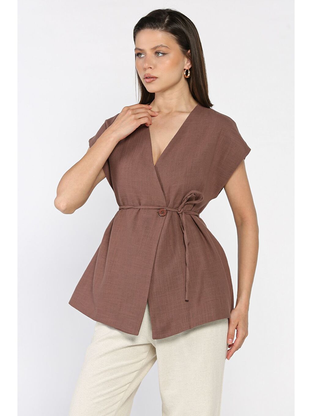 Kahverengi Kadın Astarlı Keten Yelek-1