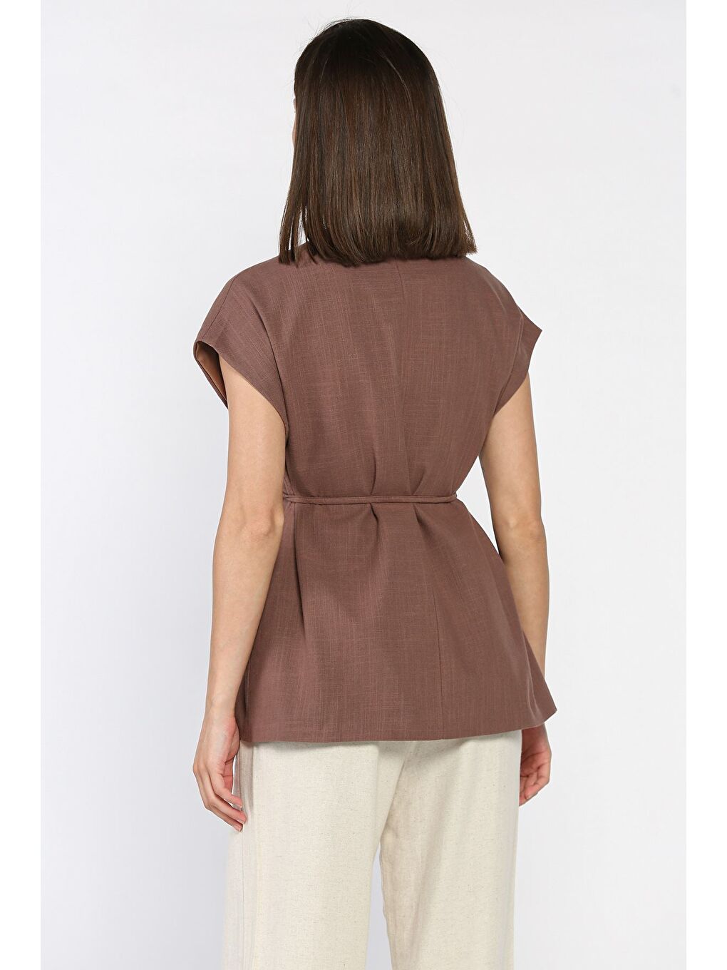 Kahverengi Kadın Astarlı Keten Yelek-2