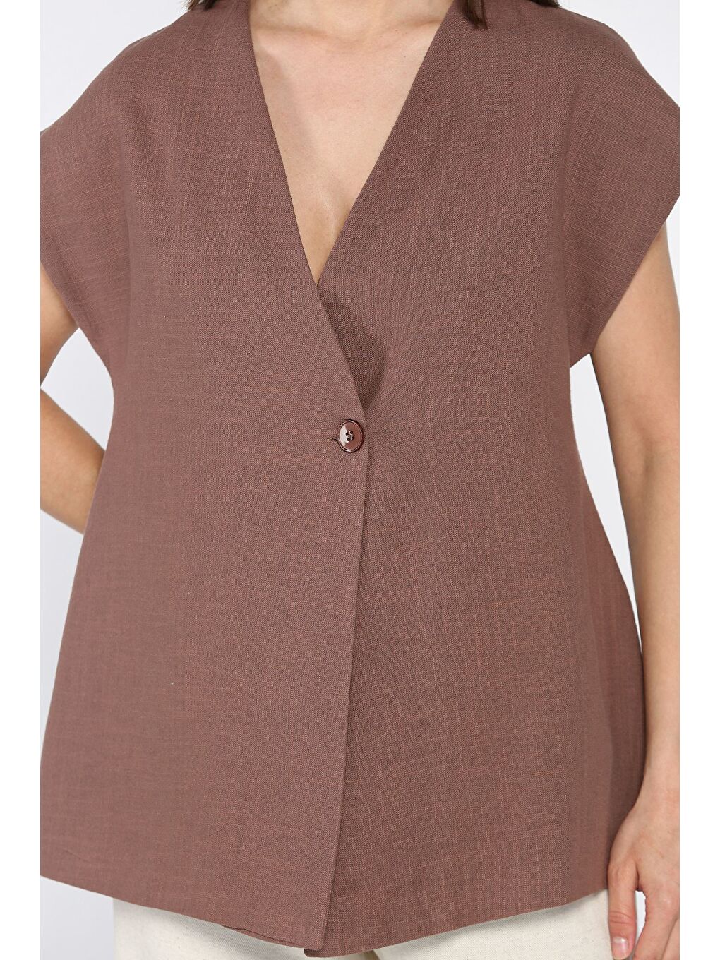 Kahverengi Kadın Astarlı Keten Yelek-3