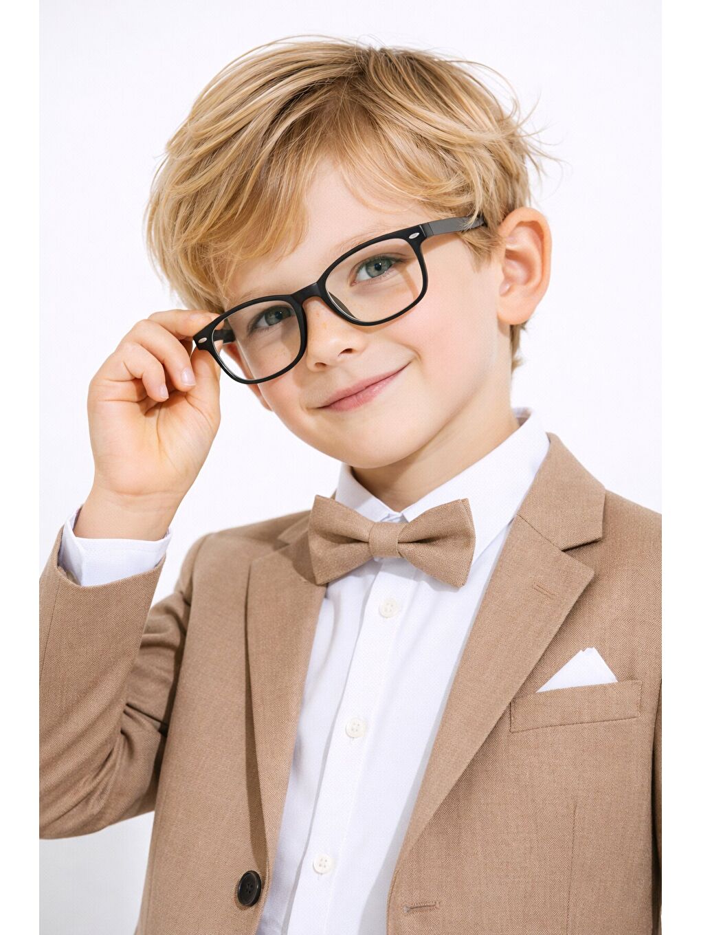 Kahverengi Keten Ceket ve Pantolonlu Erkek Çocuk Papyonlu 4lü Takım Elbise 23523-2