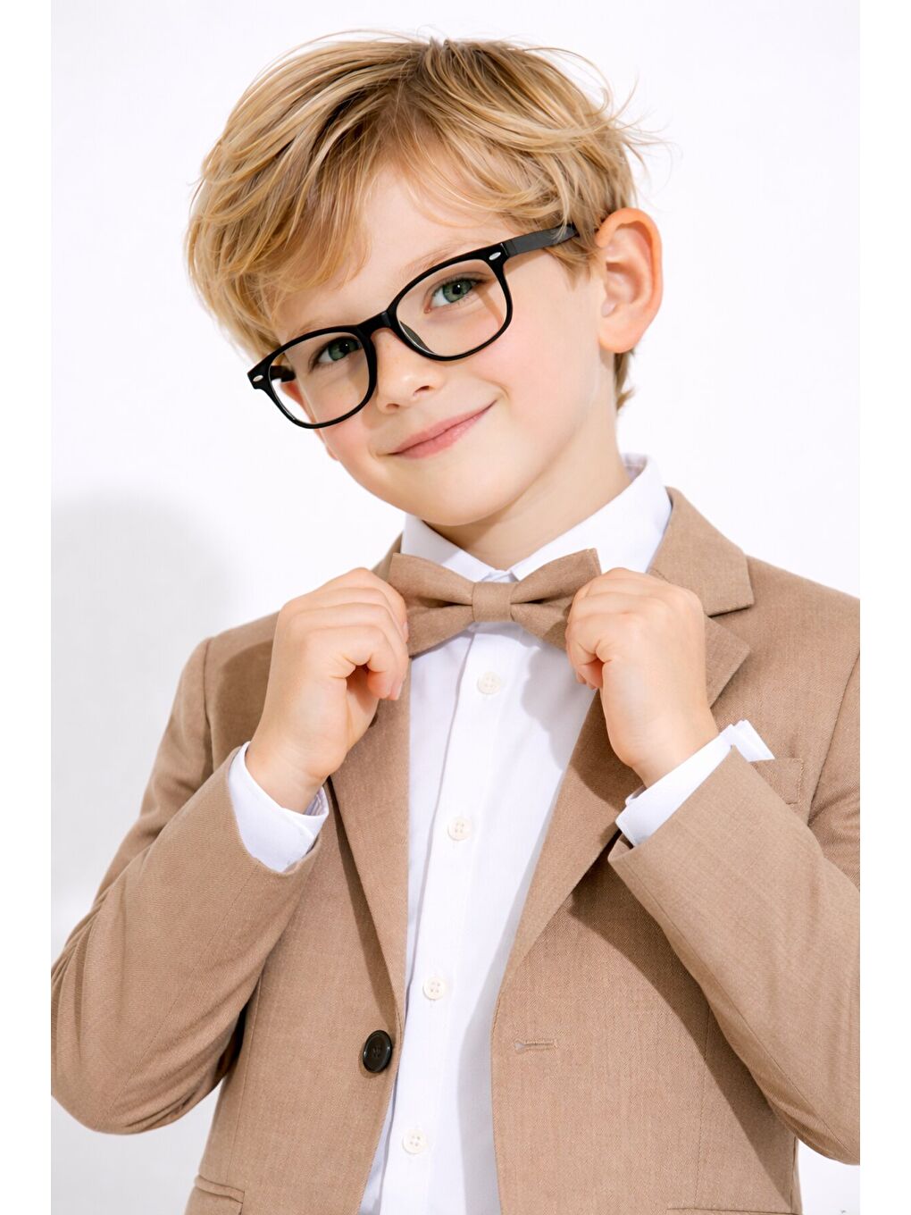 Kahverengi Keten Ceket ve Pantolonlu Erkek Çocuk Papyonlu 4lü Takım Elbise 23523-4