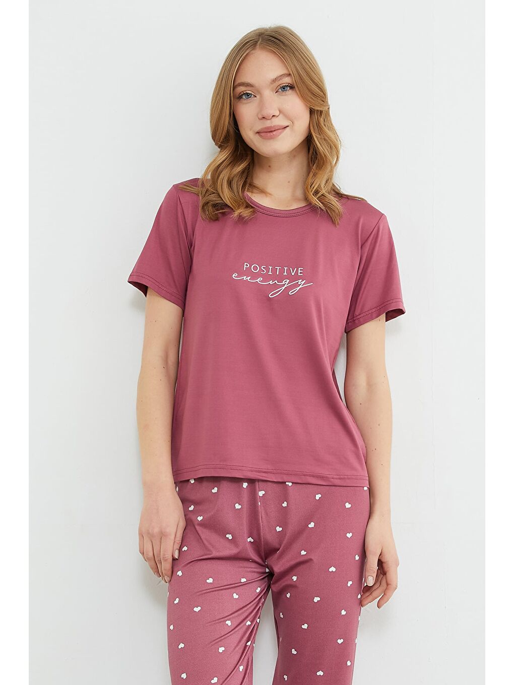 Pembe Çizgili Kalpli Bisiklet Yaka Pijama Takımı-3