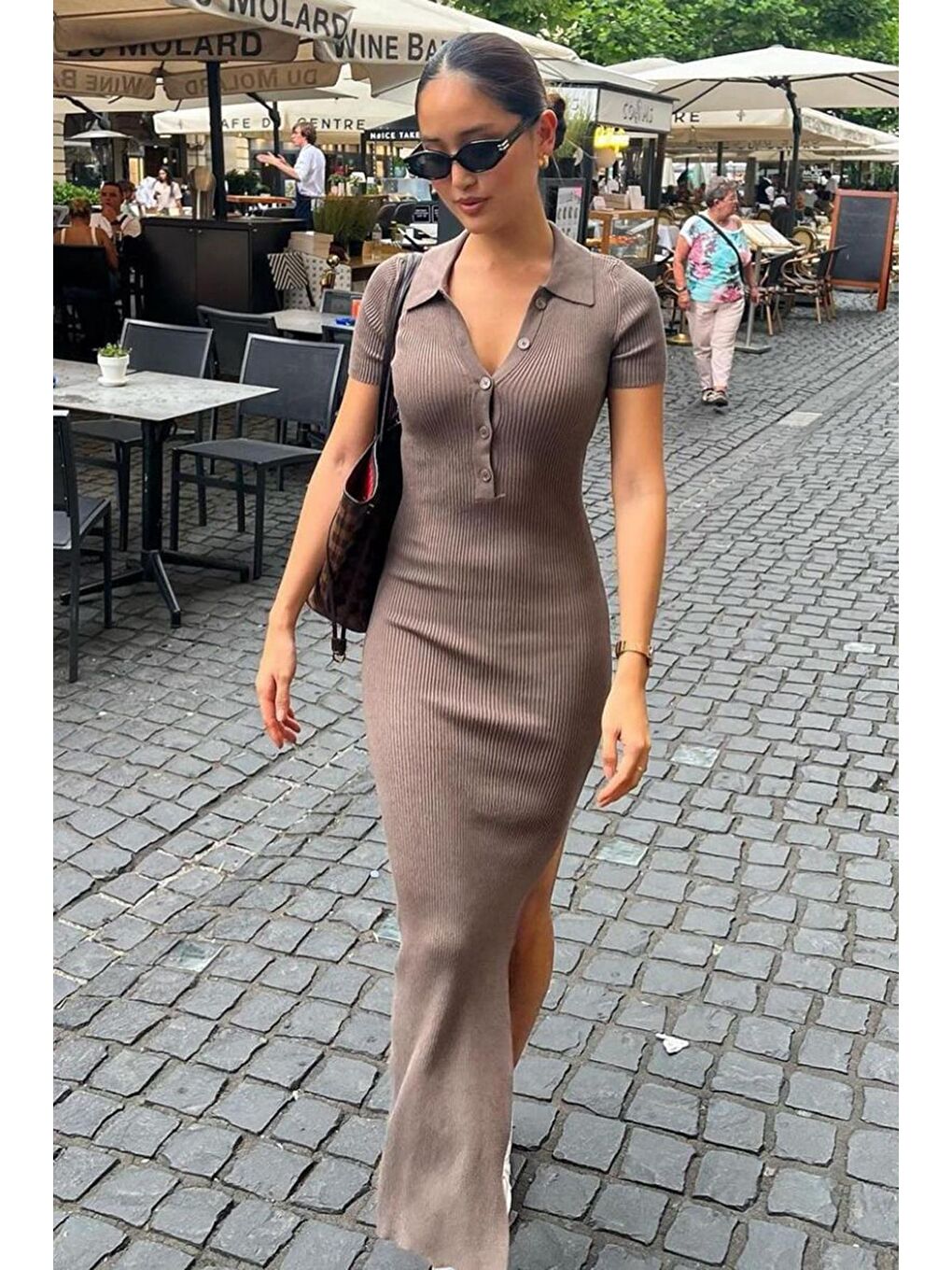 Bej Vizon Yandan Yırtmaçlı Polo Yaka Kadın Triko Elbise Mg1480-3