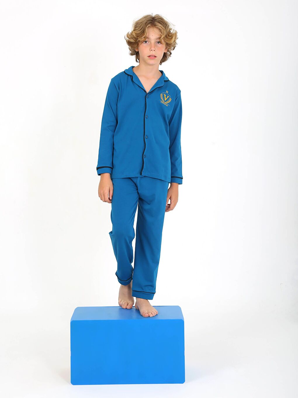 Vitmo Erkek Çocuk Uzun Kollu Düğmeli Pijama Takımı Düz Vip Lacivert - 1
