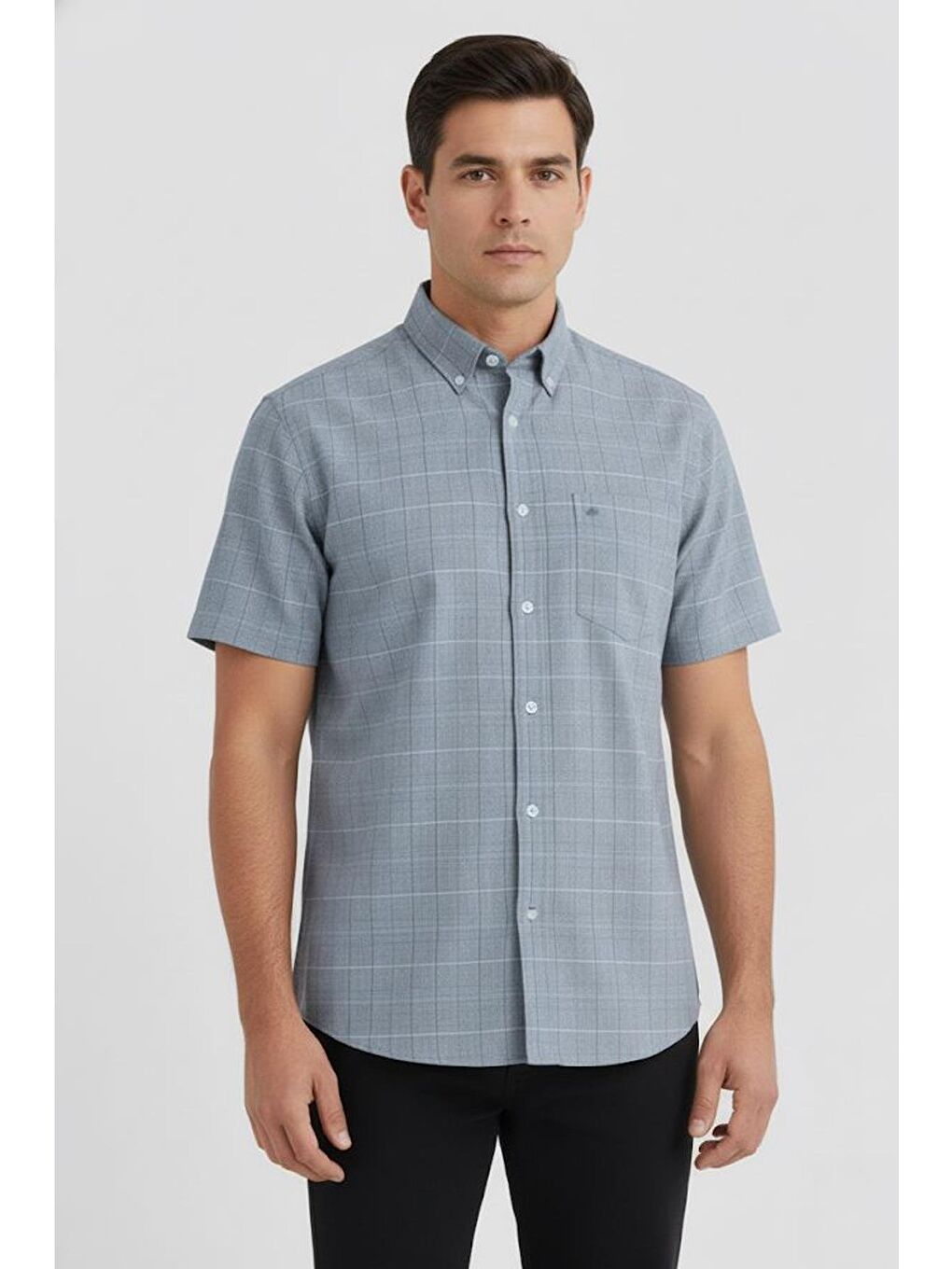 Erkek Haki Kısa Kollu Ekose Desenli Pamuk Gömlek – Düğmeli Yaka, Regular Fit-2